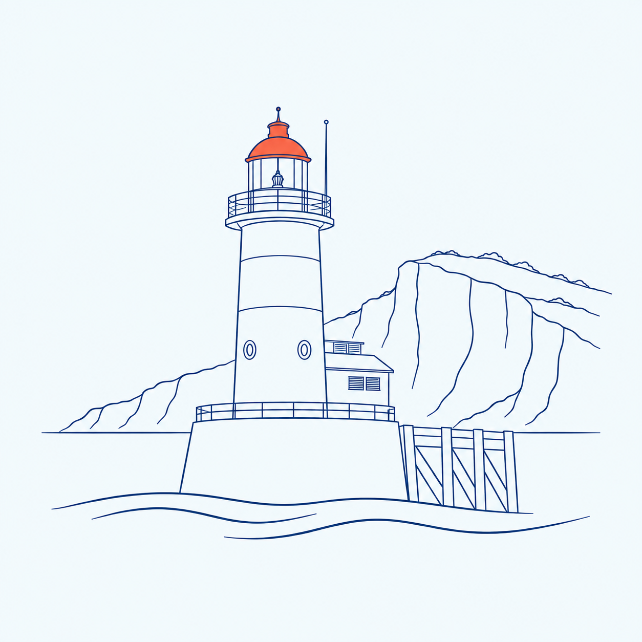 Illustration au trait du phare et des falaises de Fécamp